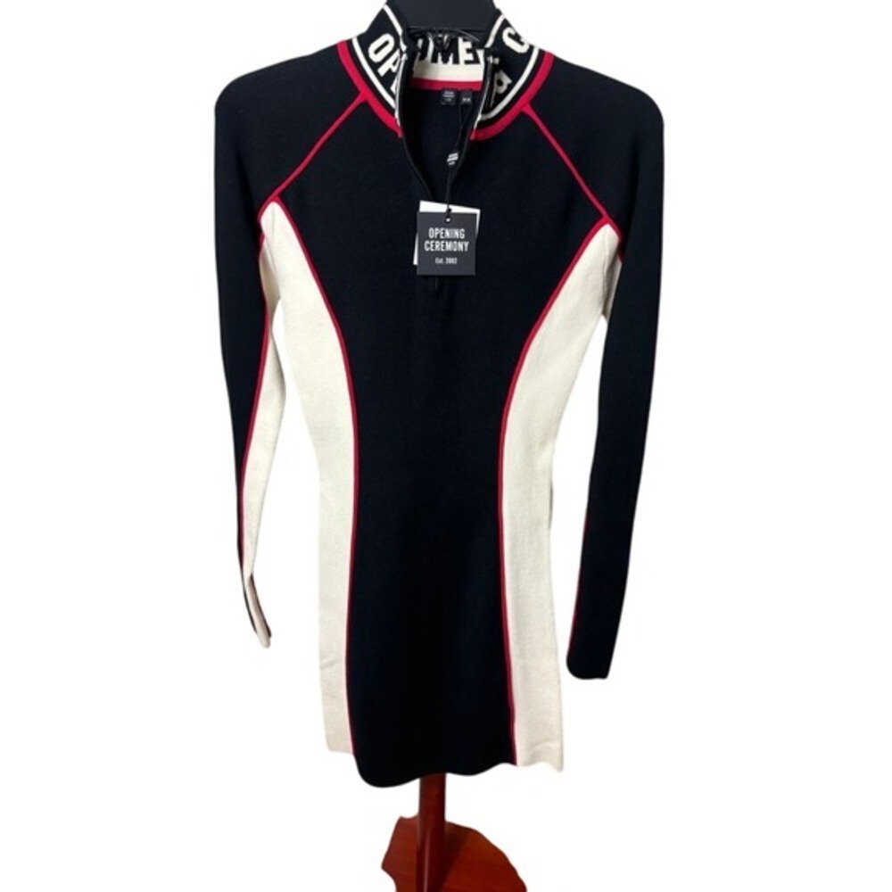 NWT Opening Ceremony Sweater Dress Women's Size Medium Red Black Cream Bodycon